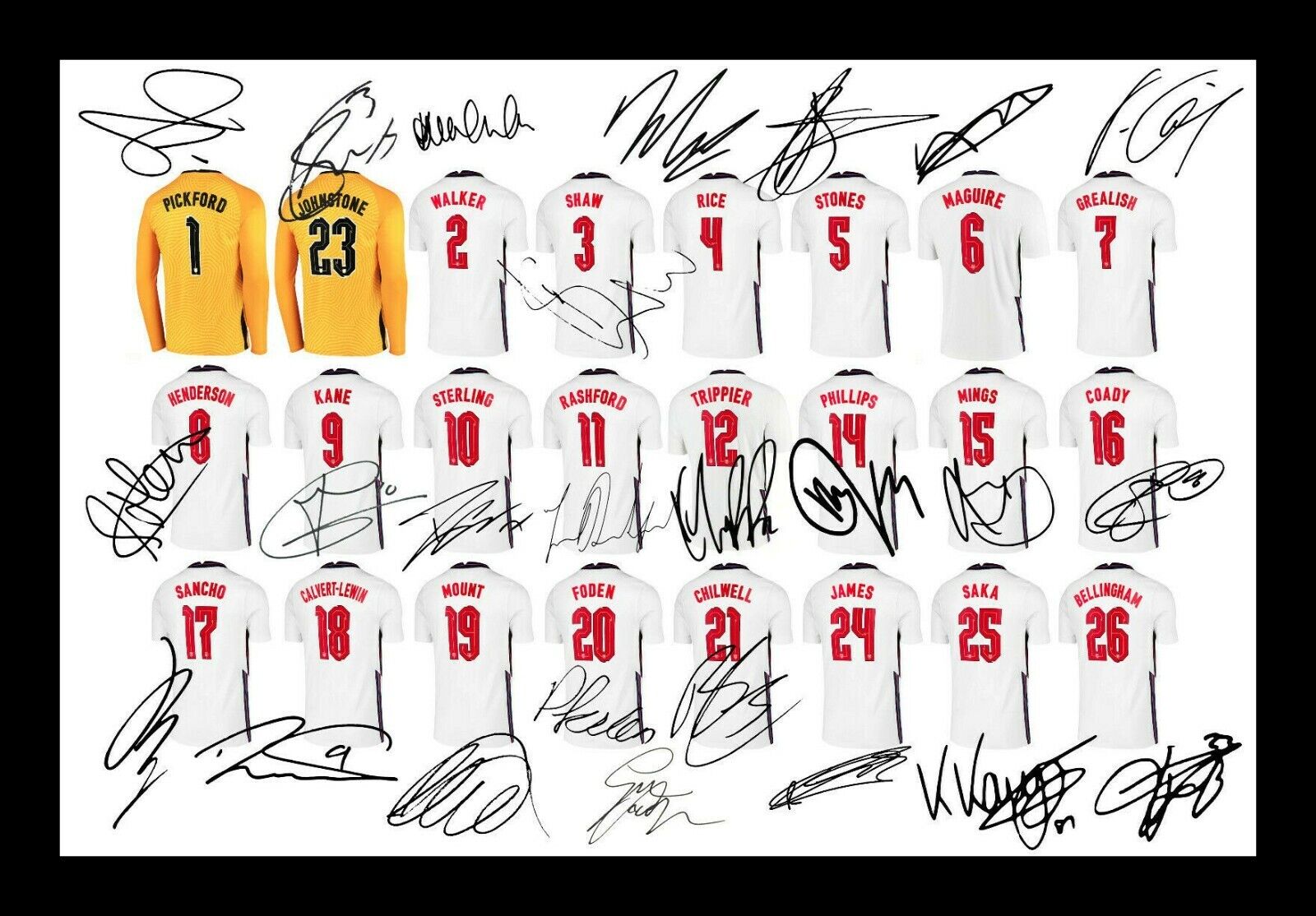 England Squad Euro 2020 2021 Autograph Signed & Framed Photo Poster painting