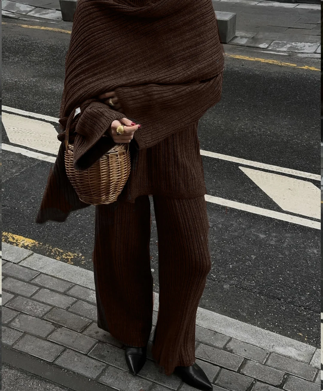 Athvotar Athvotar And Winter Pure Color Round Collar Jersey Sweater Set Of Women's Loose Knitted Sweater Broad Leg Trousers Scarf Three Sets