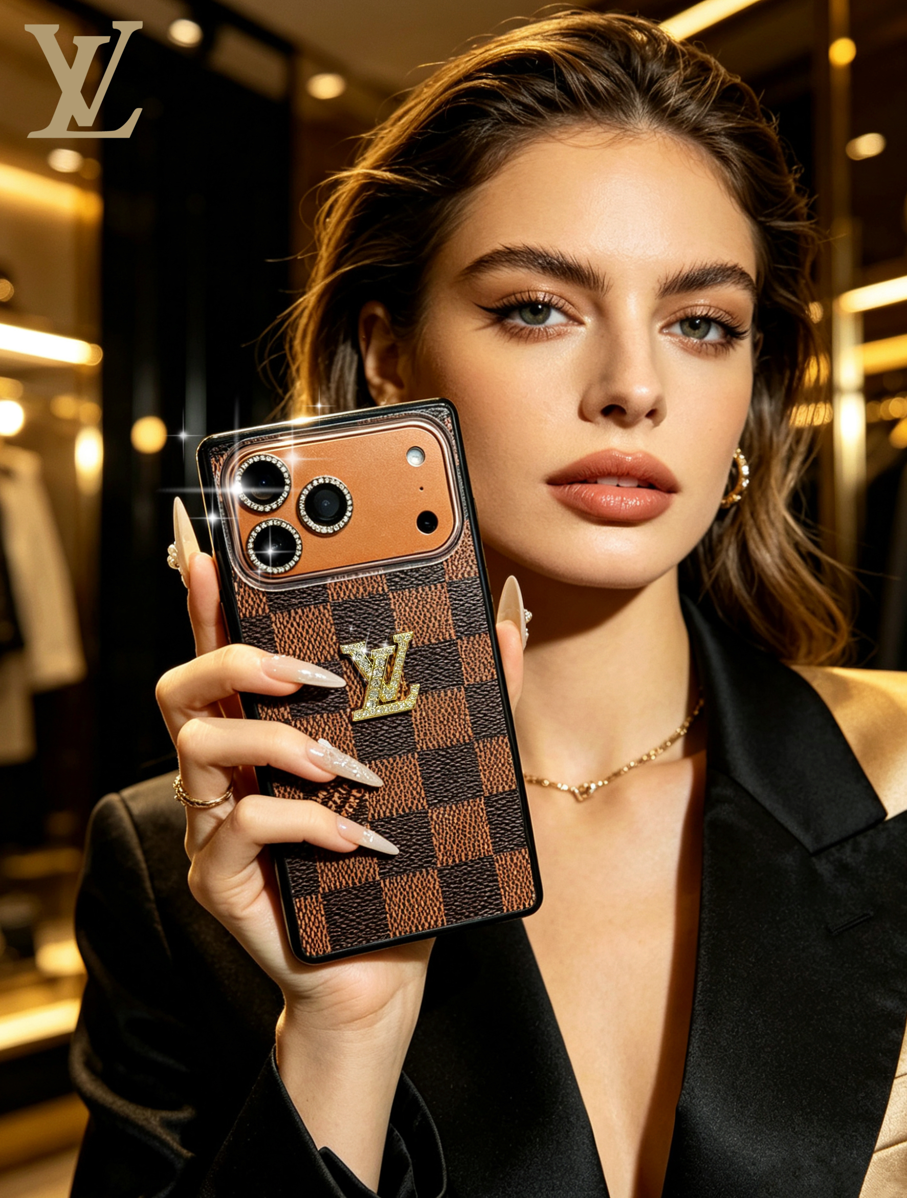 Louis Vuitton Damier Ebene Square Edge iPhone Case with Crystal Metal Logo - Compatible with iPhone 15 to 17 Series