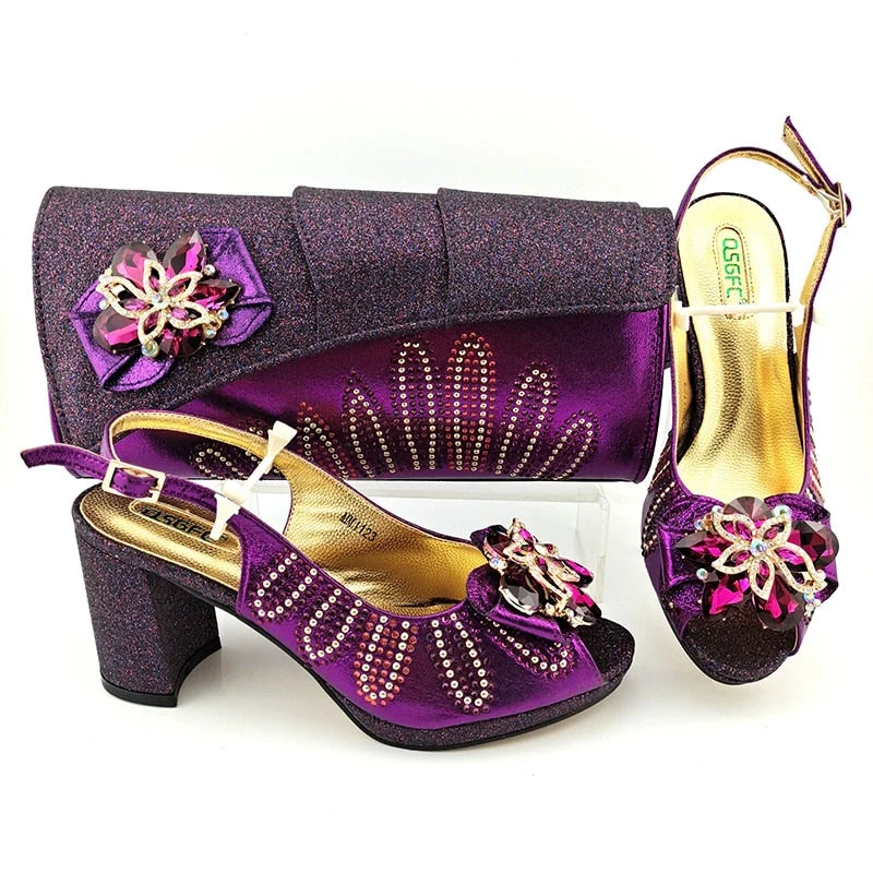 Wine Color Ladies Italian design Shoes and Bag Set Decorated with Rhinestones Shoes and Matching Bags Party Super high heel