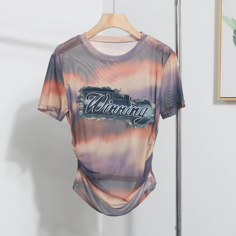 Churchf Real Shooting Embroidery With Straight Shoulder Short-Sleeved Mesh T-Shirt Fold Irregular Perspective Hood Top 25821