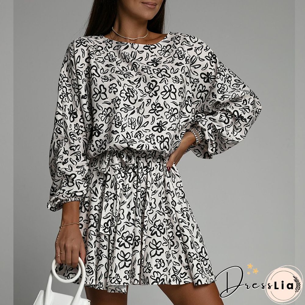 Womens Clothing Dress Elegant Floral Print O-neck Lace Full Sleeves A-line Mini Pleated