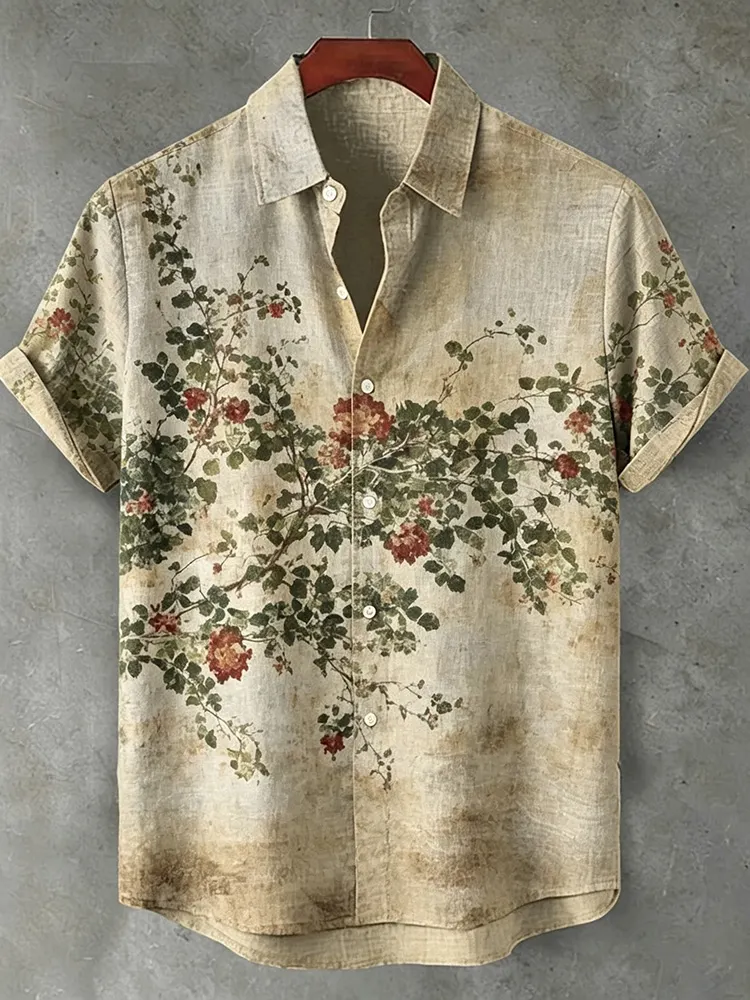 Vintage Japanese Floral Plant-dyed Casual Cotton And Linen Short-sleeved Shirt  artssus