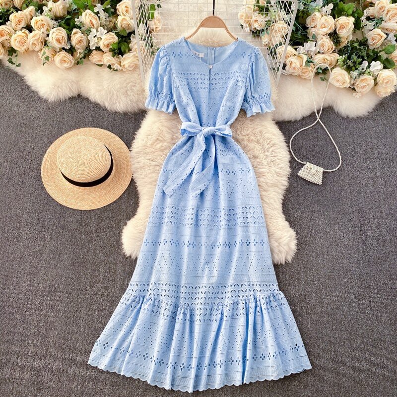 Toloer Hollow Ruffles Dress Women O Neck Puff Sleeve Lace up Solid A-line Dresses Summer Elegant Streetwear Midi Dress