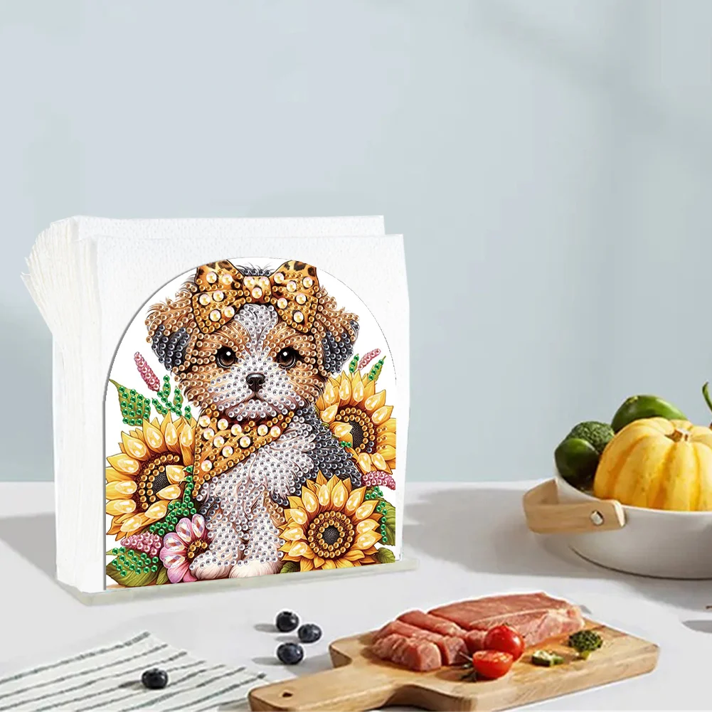DIY Sunflower Puppy Acrylic Napkin Holder Diamond Painting Kit for Home Table Decor