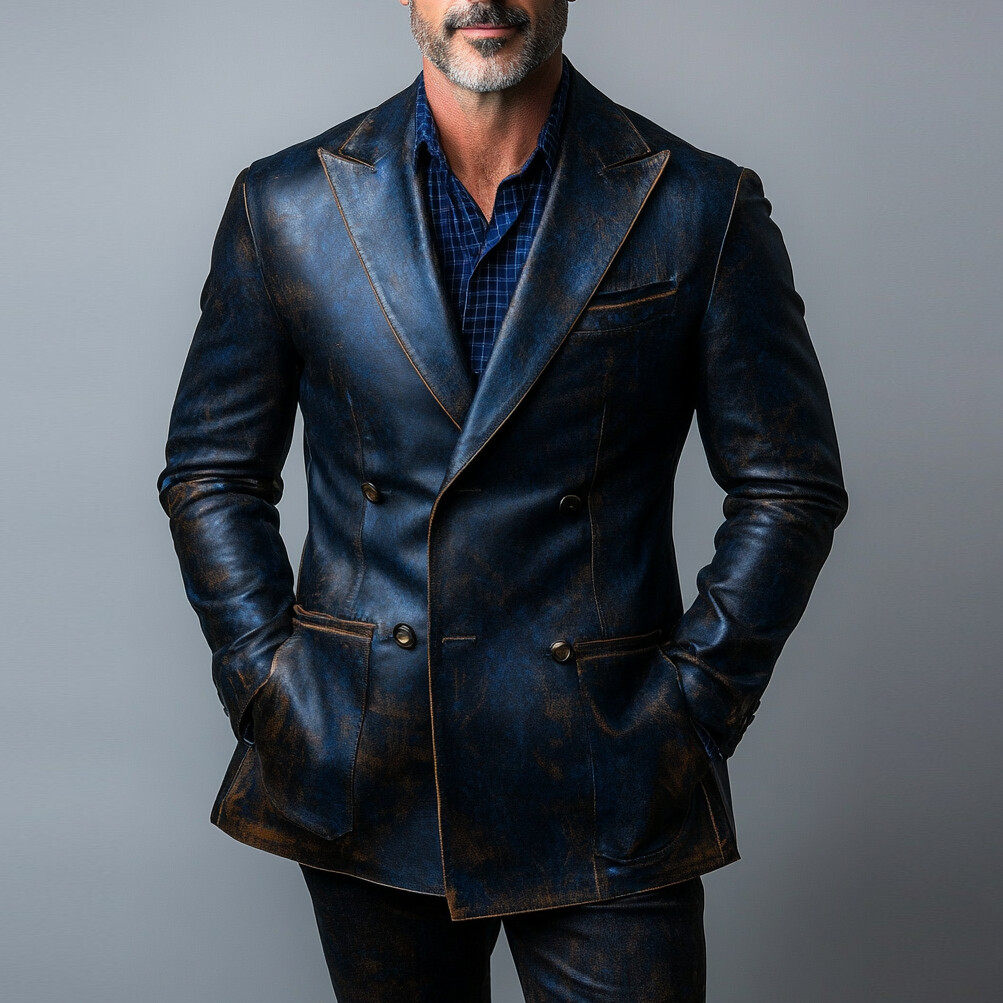 Men's Retro Peaked Lapel Double Breasted Distressed PU Leather Jacket