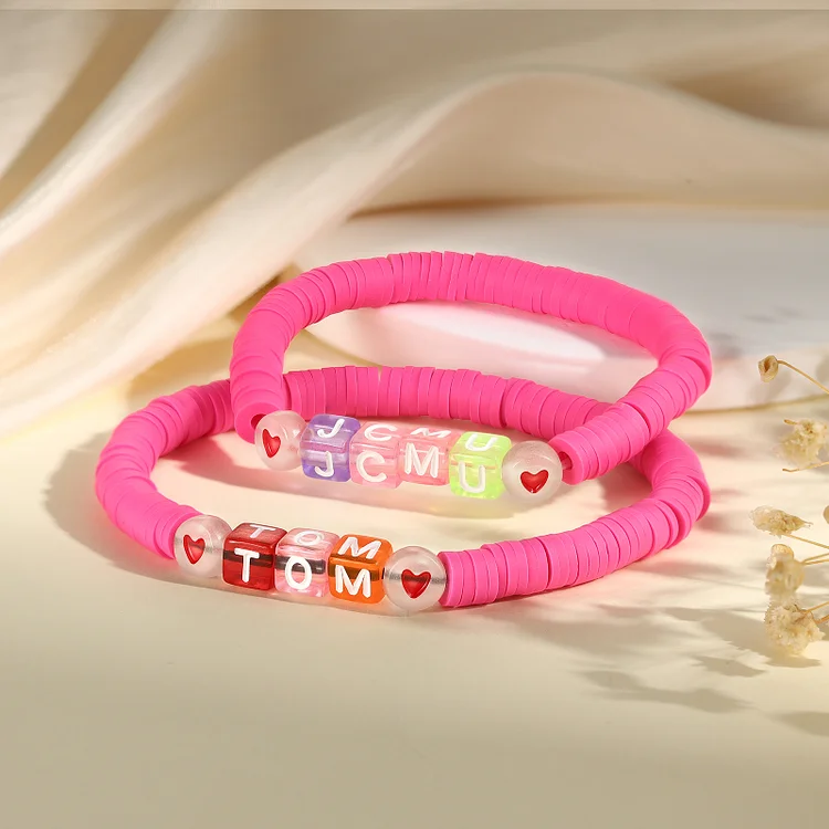 2PCS-Personalized 2 Name Elastic Cord Square Bracelets, Back to School Gift for Daughter