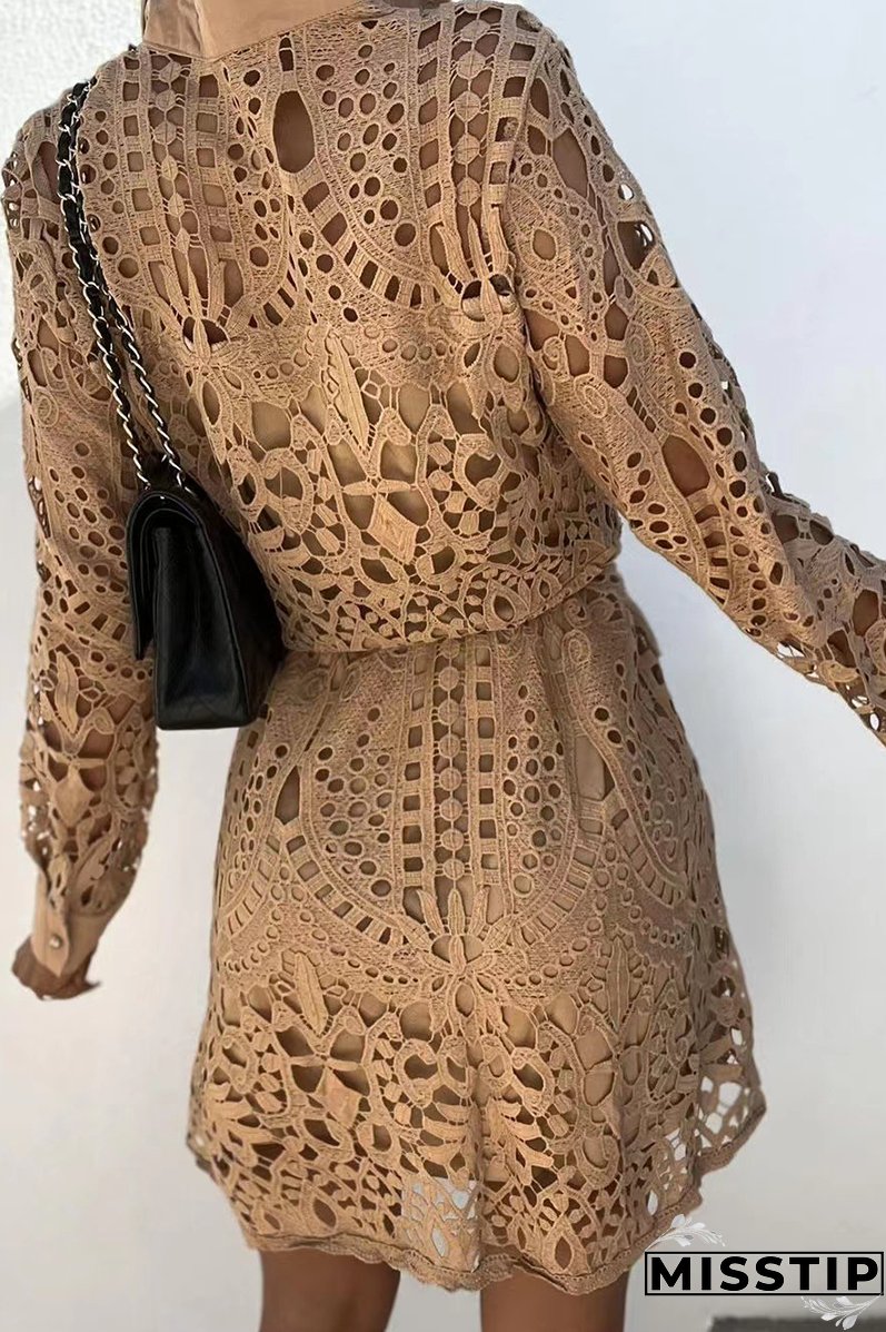 Casual Solid Lace Turndown Collar Waist Skirt Dresses(3 Colors)