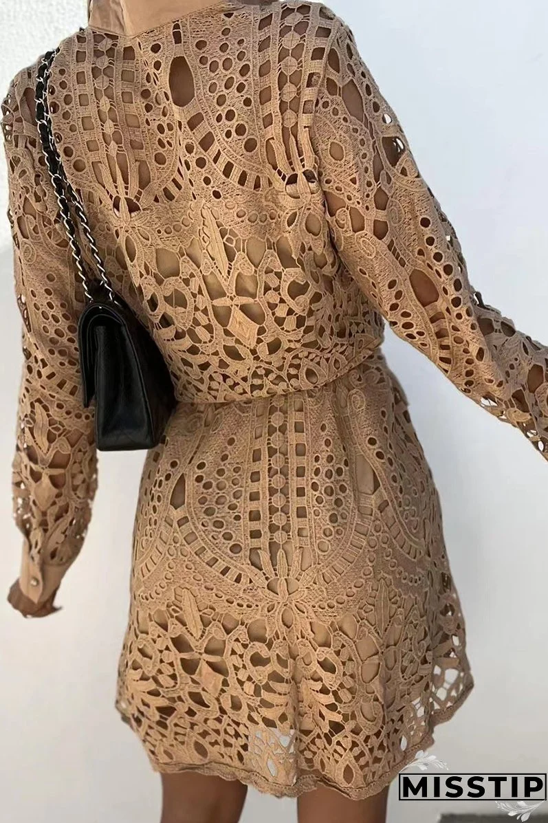 Casual Solid Lace Turndown Collar Waist Skirt Dresses(3 Colors)