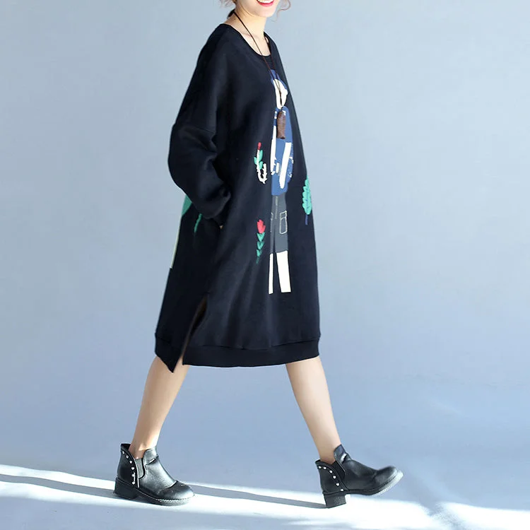 2021 winter black thick cotton dresses plus size prints long sleeve side open  casual shift dress