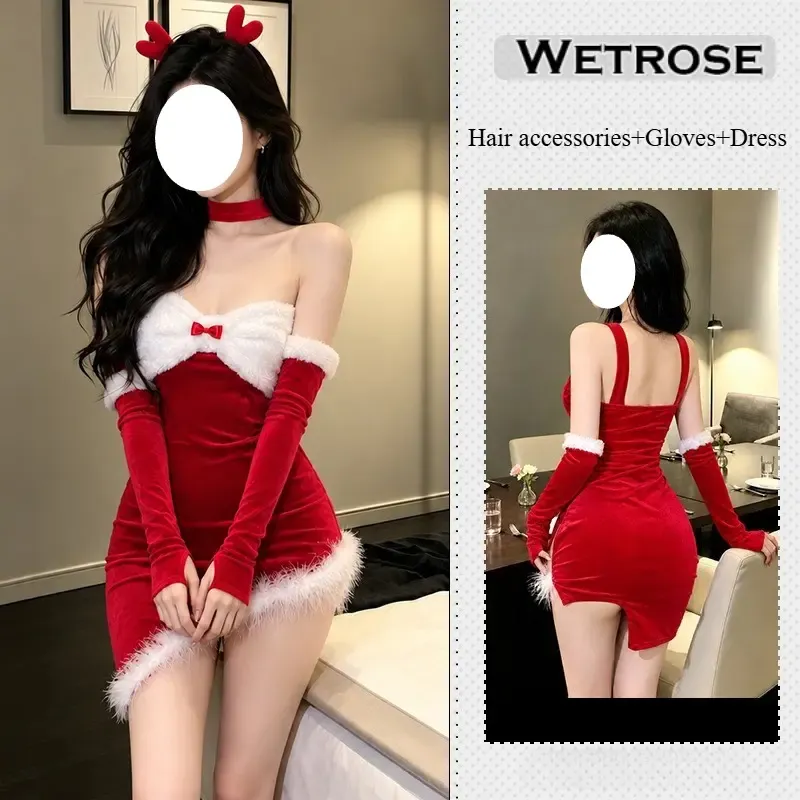 [Wetrose] In Stock Strapless Red White Furry Trim Irregular Hem Dress Party Outfit Cosplay Costume Xmas