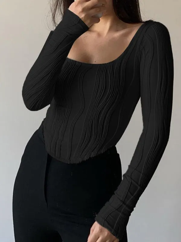 Uveng 2024 Early Autumn New French Design Feeling Folded U Collar Simple Solid Color Long Sleeve Top Lady Now