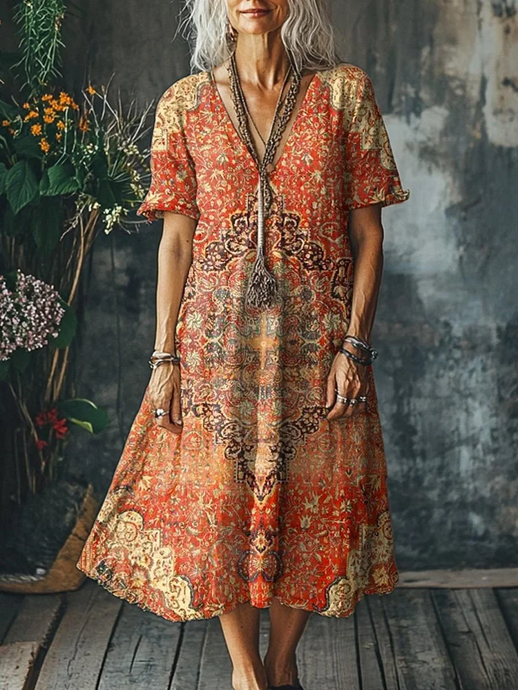 Women's Vintage Lovely Floral Art Print Pocket Cotton Dress
