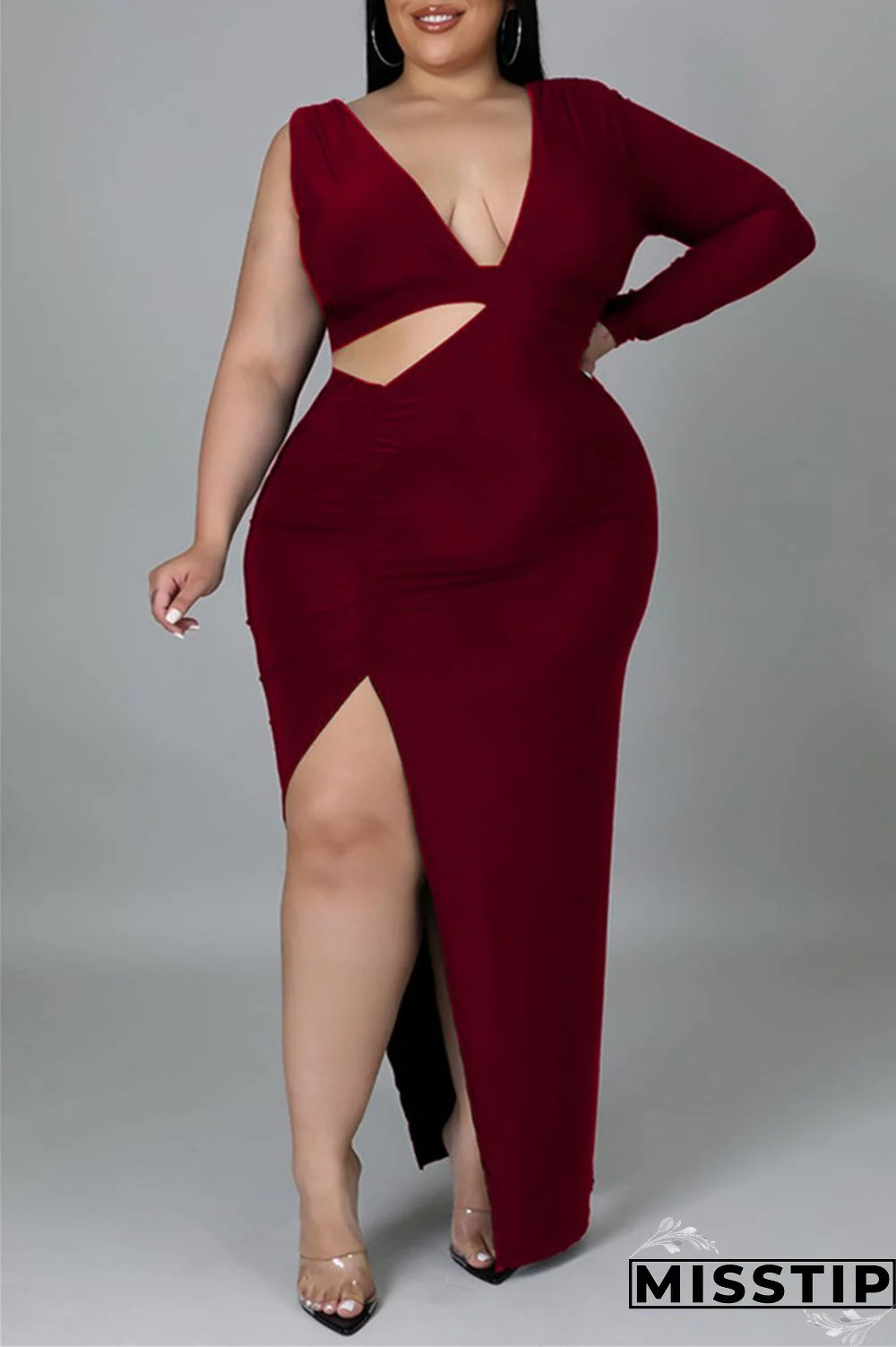 Black Fashion Casual Solid Hollowed Out Slit V Neck Long Sleeve Plus Size Dresses