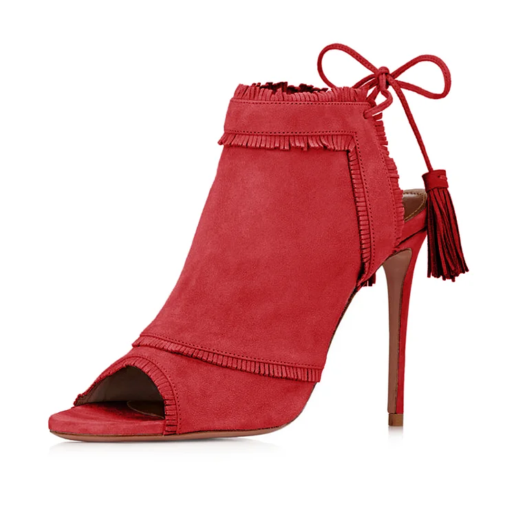 Red Summer Boots Peep Toe Fringes Slingback Ankle Boots |FSJ Shoes