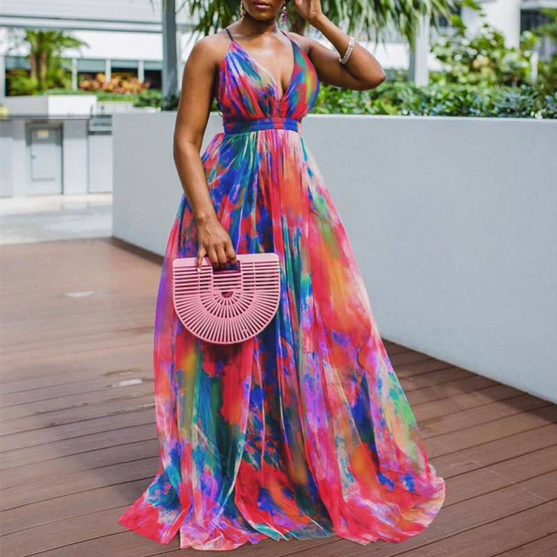 Sexy Backless Women Colorful Tie-dye Print Vacation Dress