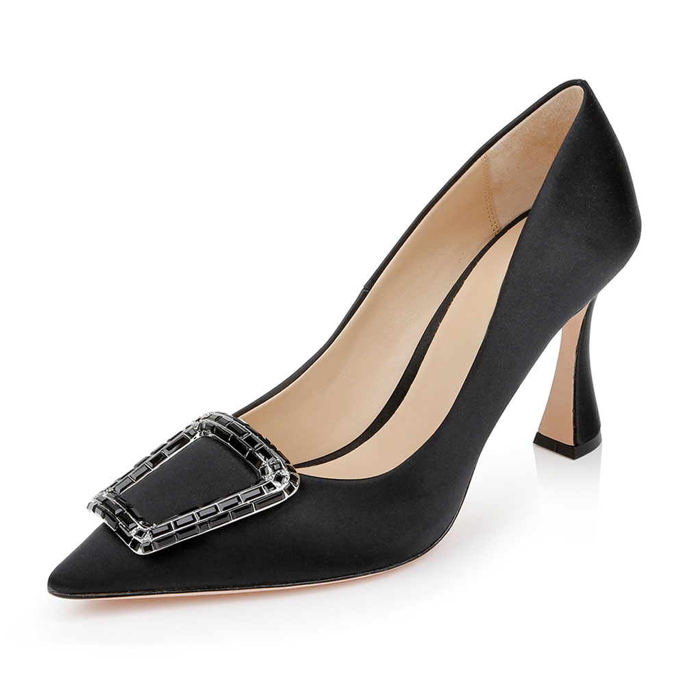 Black Satin Pointed Toe Flared Heel Pumps Shoes with Buckle Accent Nicepairs