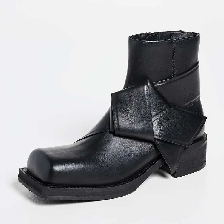 Black Square Toe Side-Zipper Ankle Boots with Front Twisted Knot |FSJ Shoes