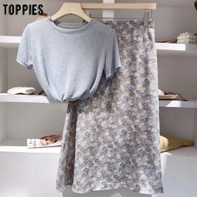 Toppies Summer Cute Pink Set Women Two Pieces Set Casual Cotton Linen Slim T-shirts High Waist Skirts