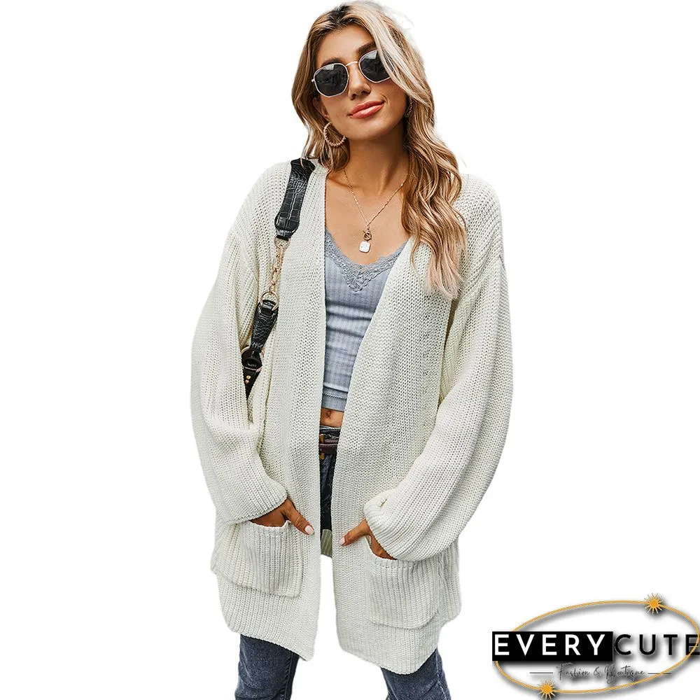 Solid White Thick Cardigan with Pockets