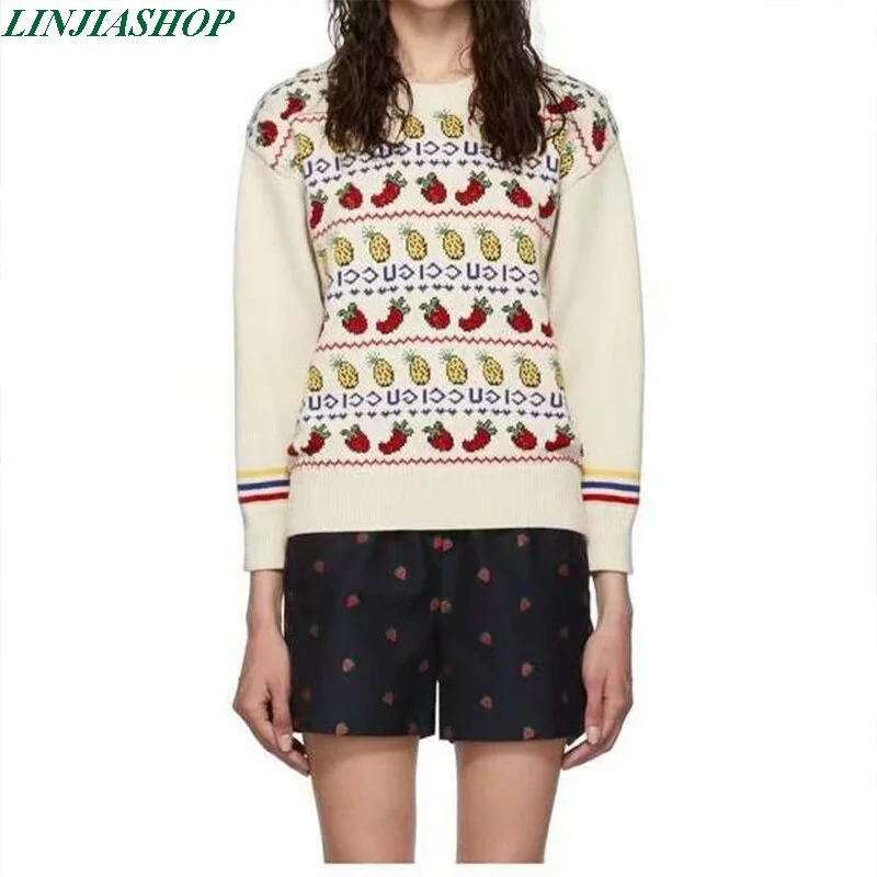 Fashion knitted sweater fruit pattern women autumn tops winter o neck long sleeve pullovers female blended fabric sweaters