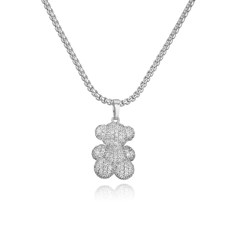 Sweet Light Luxury Copper Inlaid Color Diamond Sitting Standing Bear Necklace Female Personalized Hip Hop Love Bear Cross Chain Necklace