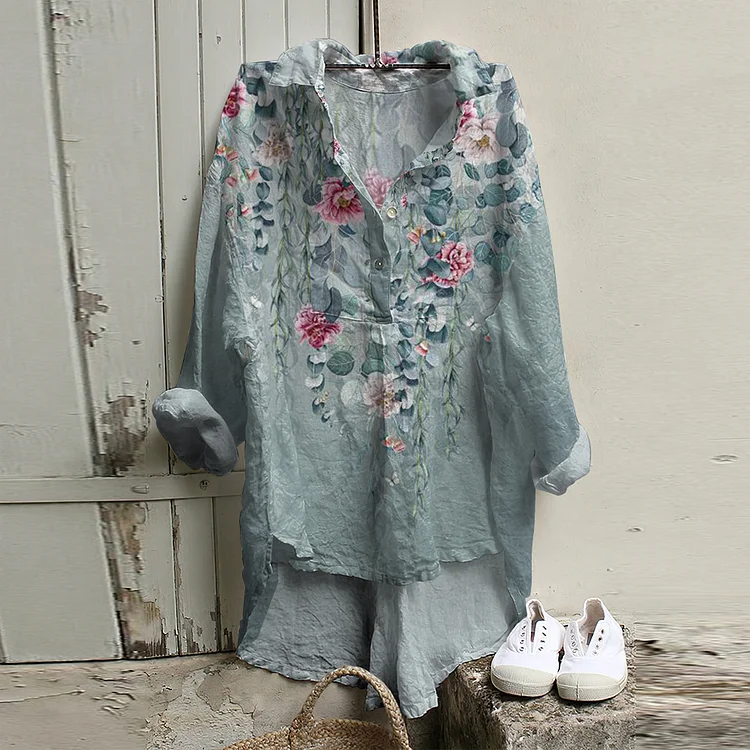 Wearshes Casual Botanical Floral Linen Short Front And Long Back Blouse