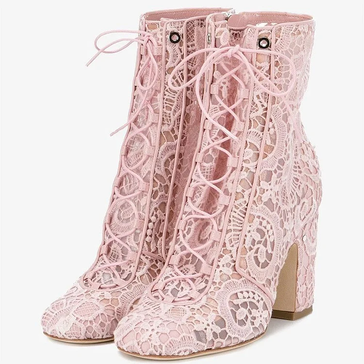Pink Lace Ankle Boots Square Toe Block Heel Tie Up Booties for Women |FSJ Shoes