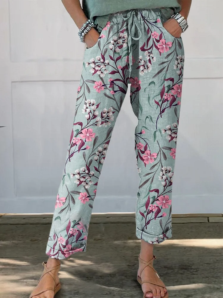 Women's Flower Printed Cotton And Linen Casual Pants