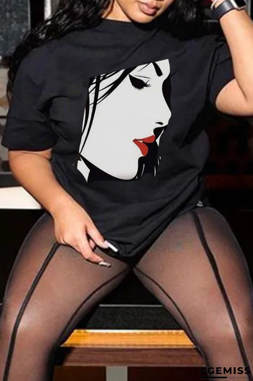 Black Fashion Street Print Patchwork T-Shirts | EGEMISS