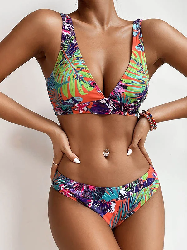 Plants Printed V-Neck Backless Split Bikini Swimsuit
