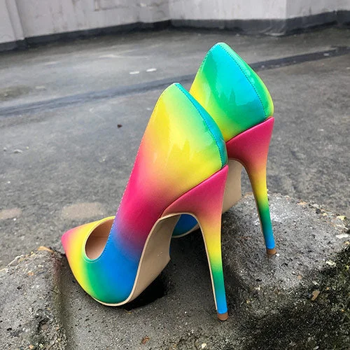 LOURDASPREC Rainbow Colorful Patent Leather Women Sexy Stiletto Extemely High Heels, Ladies Fashion Pointed Toe Pumps Party Shoes
