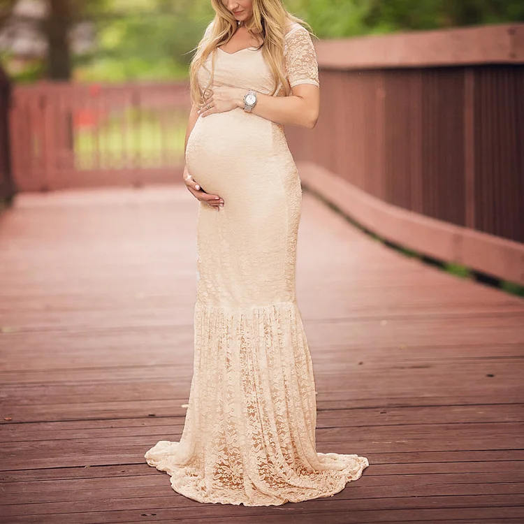 Maternity Elastic Lace Maxi Dress