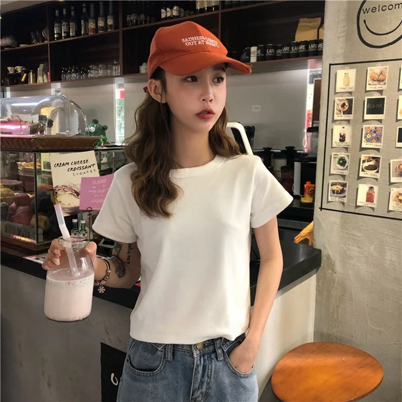 Uveng Uveng Cotton 2024 Summer Wear New Pure Cotton Short Style Show Thin Crop Short-Sleeve T-Shirt Women's Slim And Versatile Pure Color Jacket Tide