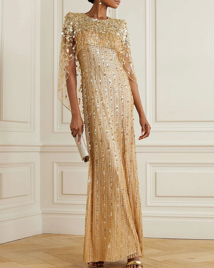 Nettie cape-effect embellished sequined tulle gown