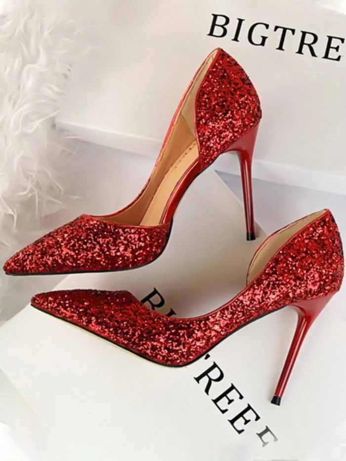 Sexy stiletto high-heeled shallow pointy side hollow sequin single shoes