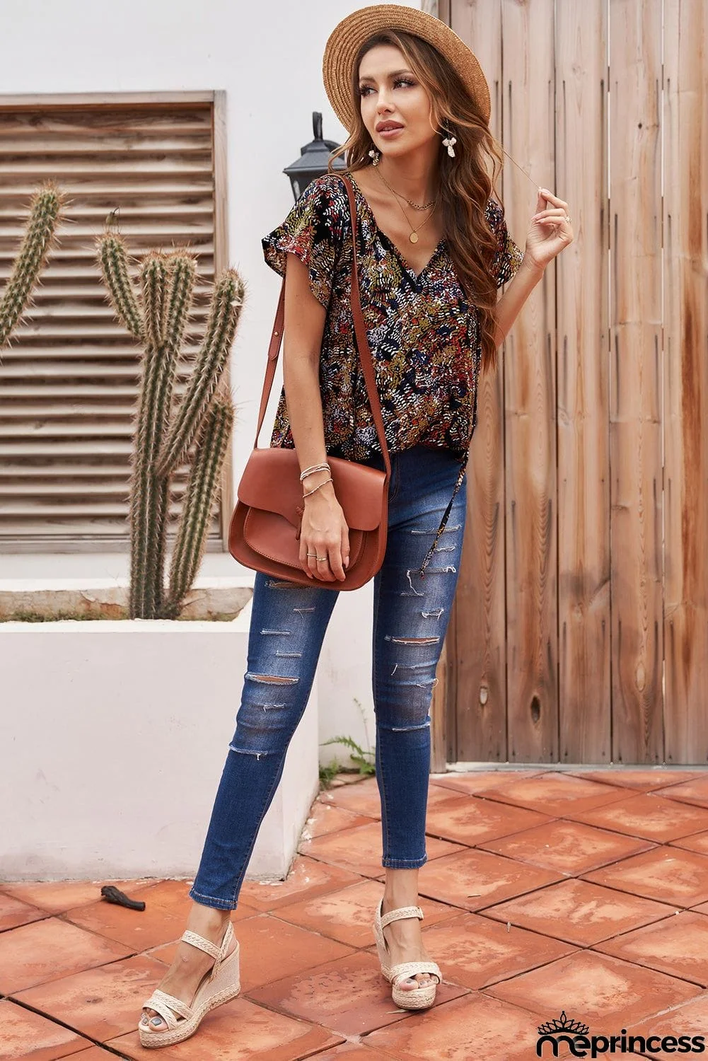 V-neck Short Sleeve Fashion Print Fantasy Fluttering Blouse