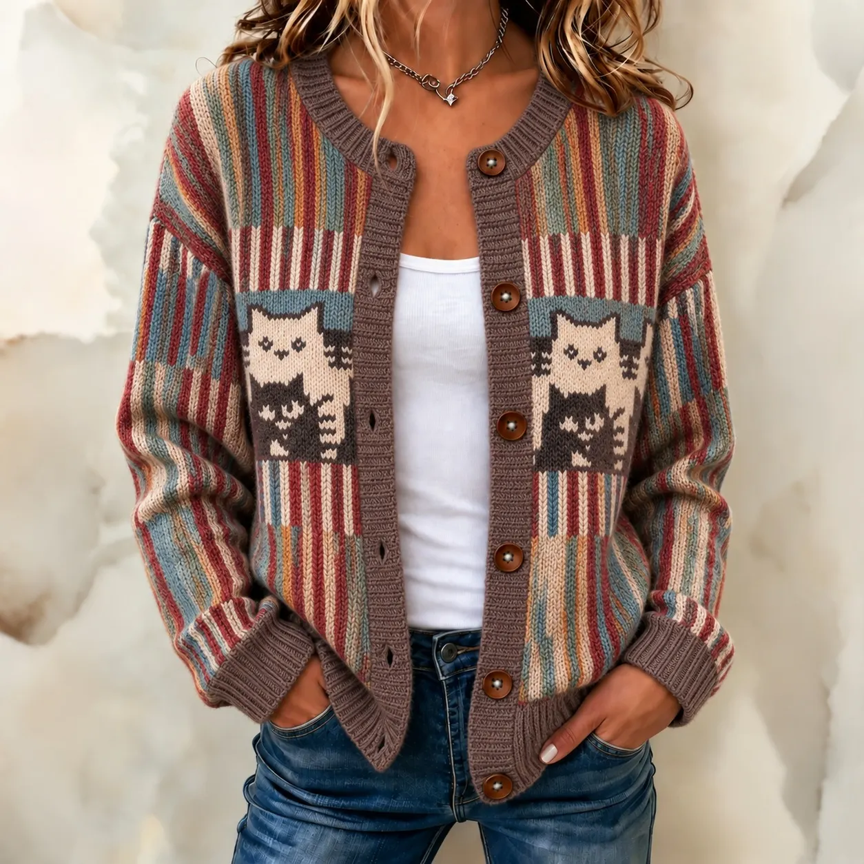 Comstylish Women's Retro Abstract Stripe Art With Cute Cat Pattern Art Casual Knit Cardigan
