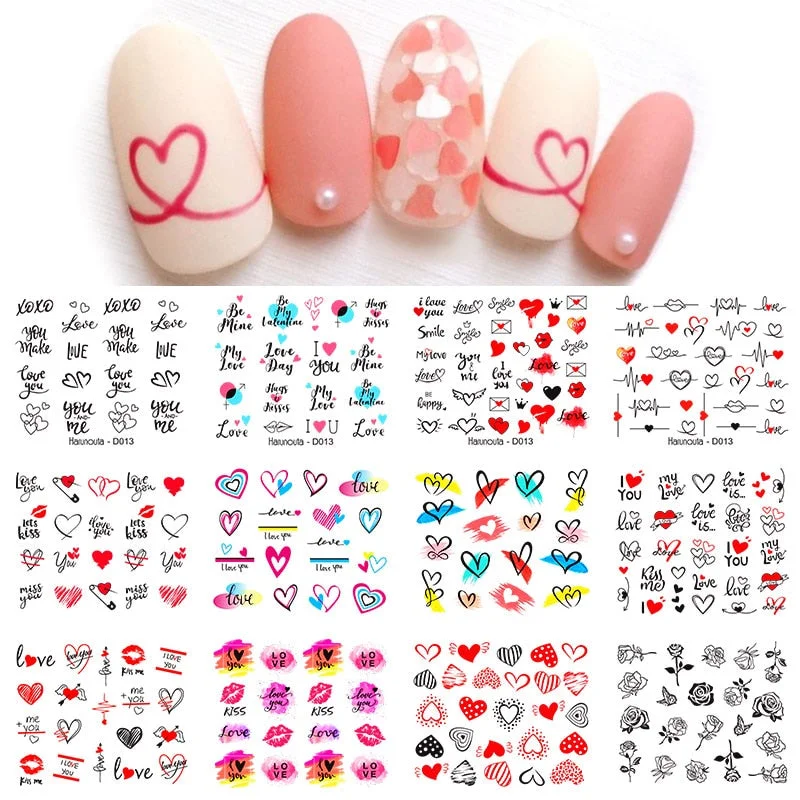 12Pcs/Set Heart Shaped Lips Designs Water Decals English Love Letter Stickers For Nails Nail Art Decoration Sliders Manicure DIY