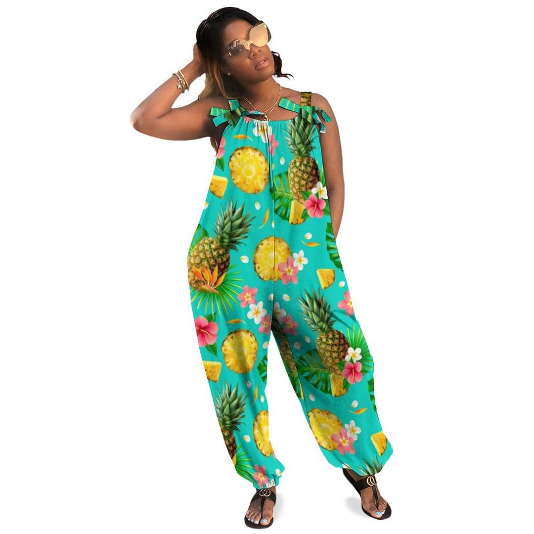Summer Vacation Holiday Pineapple Yellow Green Boho Vintage Loose Overall Corset Jumpsuit Without Top