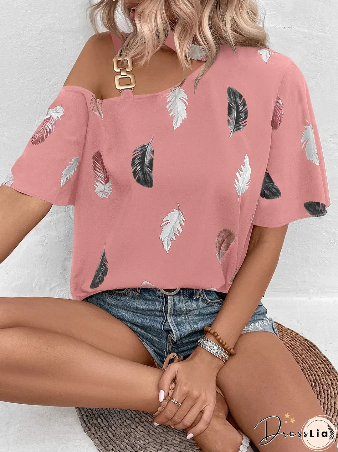 Asymmetrical One Shoulder Short Sleeve Printed Blouse
