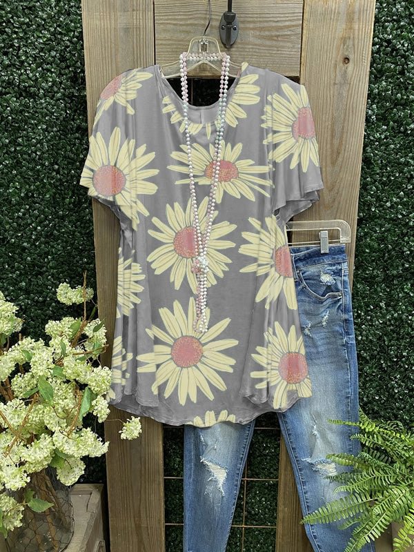 Daisy Floral Print Crew Neck Short Sleeve Cotton-Blend Shirts & Tops