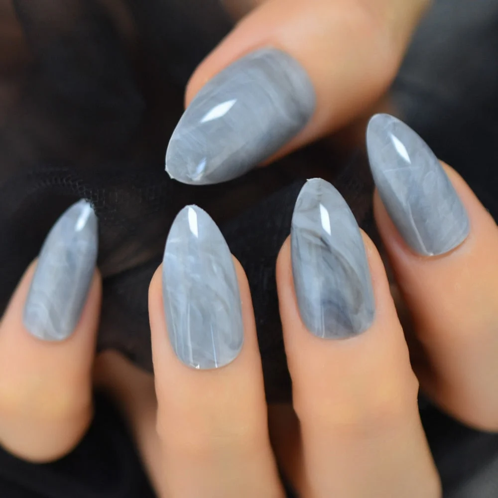 Sharp Pointed Fake Nails Black Gelnails Medium-Long Size Real Stiletto Point Acrylic Nail Tips 24-Nail Inspo