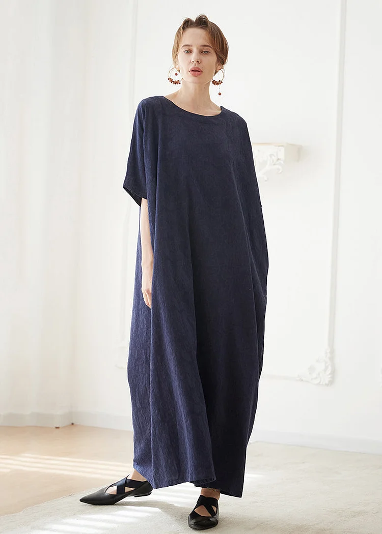 Italian Navy O Neck Jacquard Cotton Robe Dresses Summer