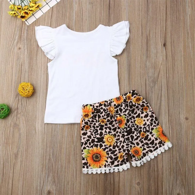 2019 Baby Summer Clothing Toddler Newborn Kid Baby Girl Clothes Love Letter T-shirt Tops Tassel Short Sunflower Outfits Set 1-6T