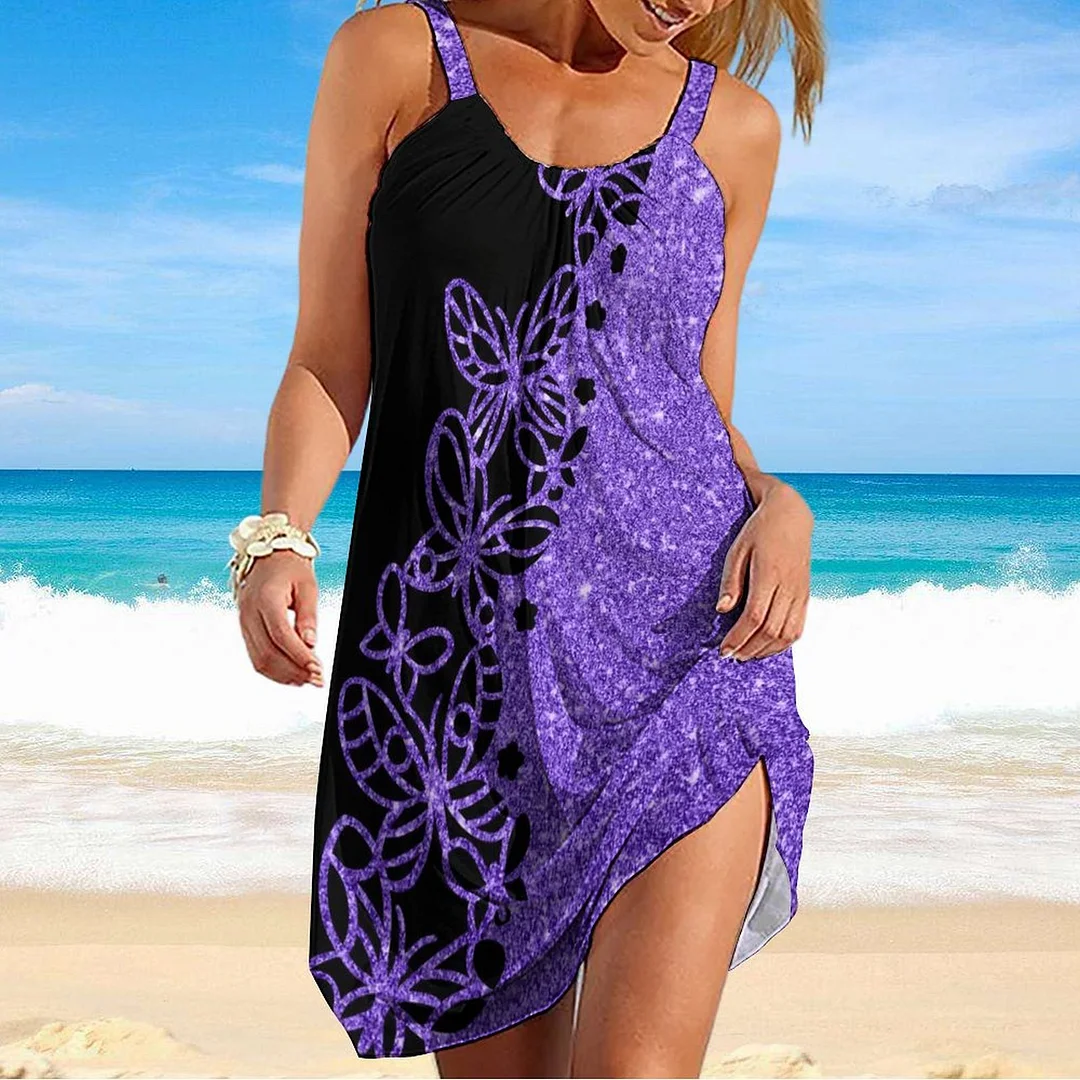 Women Beach Dress Sleeveless O-neck Casual Plus Size Mini Dress in Pattern Floral, Patchwork, Butterfly, Glitter,Purple