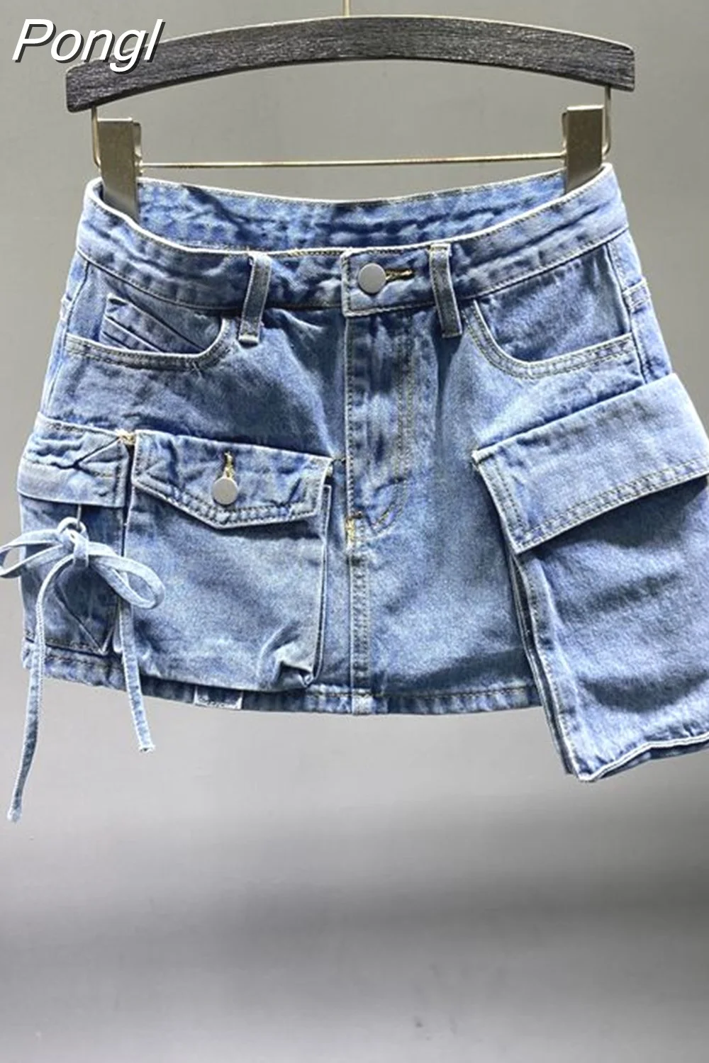 Pongl Fashion Irregular Pocket Cargo Denim Skirt Women Clothing Summer 2023 Sexy A-line Hip Skirts Female Bottoms Streetwear