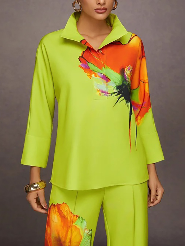 Flower Print Buttoned Loose Long Sleeves Stand Collar Blouses&Shirts Tops GREEN-L