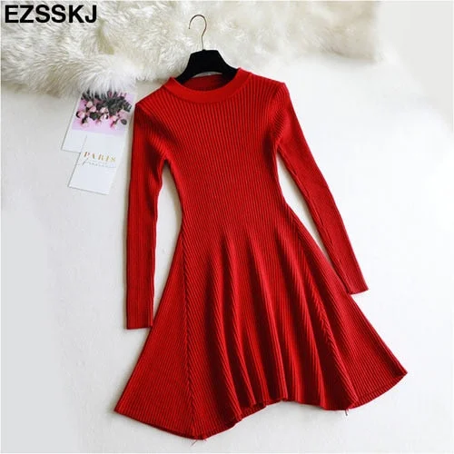 chic Autumn Winter black Sweater Dress Women o-neck Long Sleeve A Line thick Knit mini Dress female girl short bodycon dress