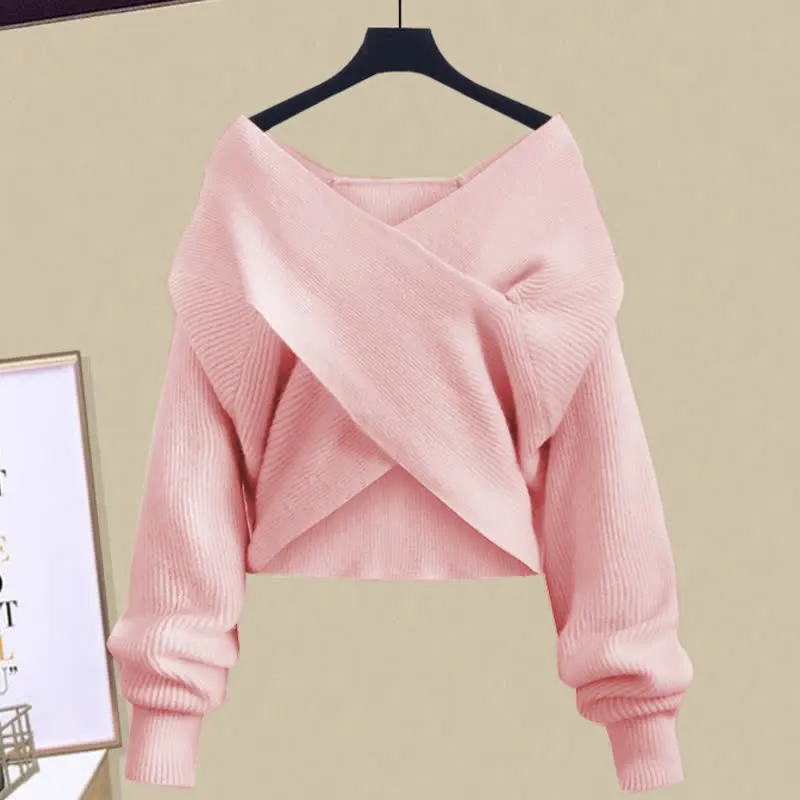 Cross Knit Sweater Flouncing A-line Slip Dress Two Pieces